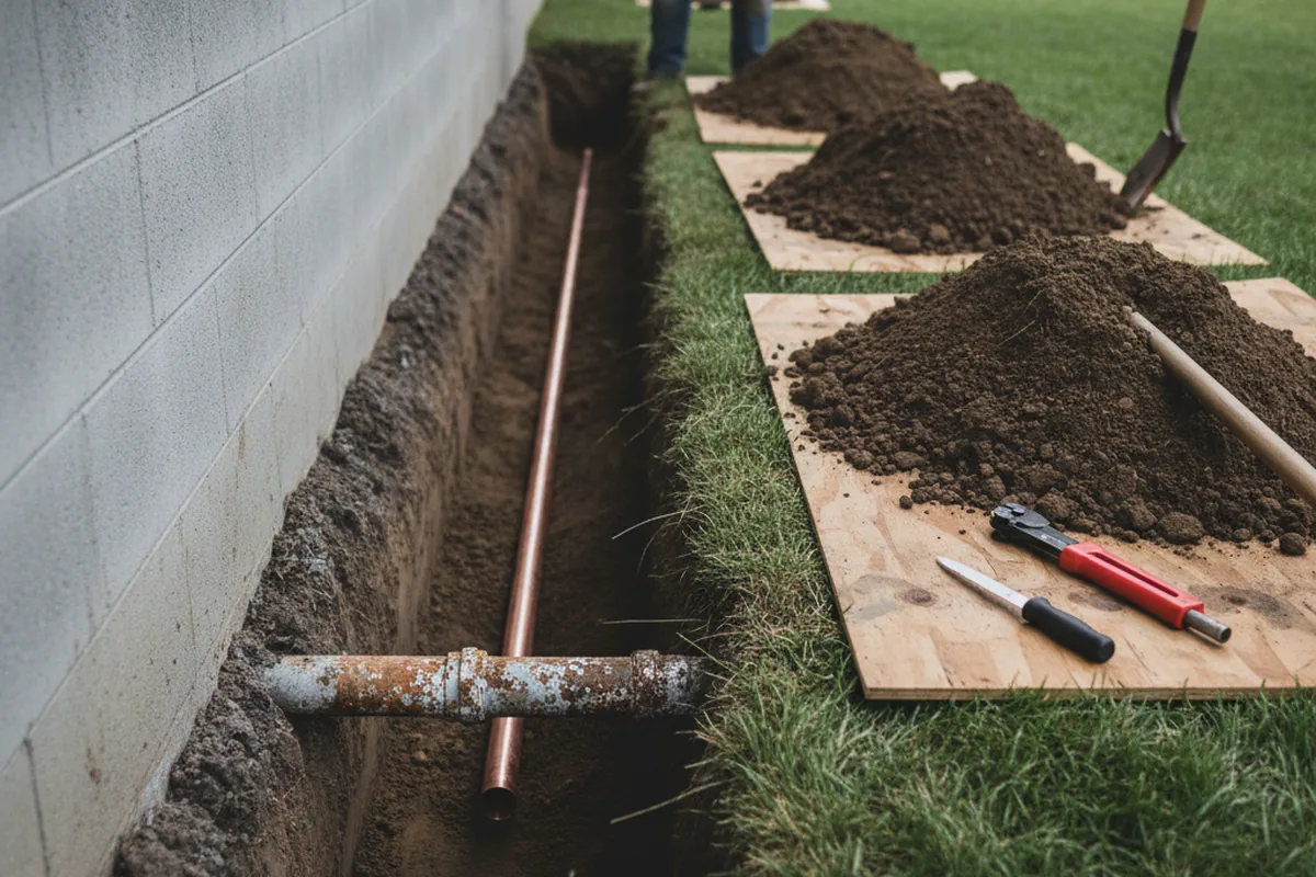 Excavated water line trench during Sewer Line Repair in Laughlintown